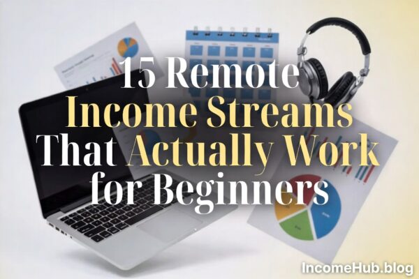 Dynamic collage of remote work tools and opportunities with clear title and IncomeHub.blog logo