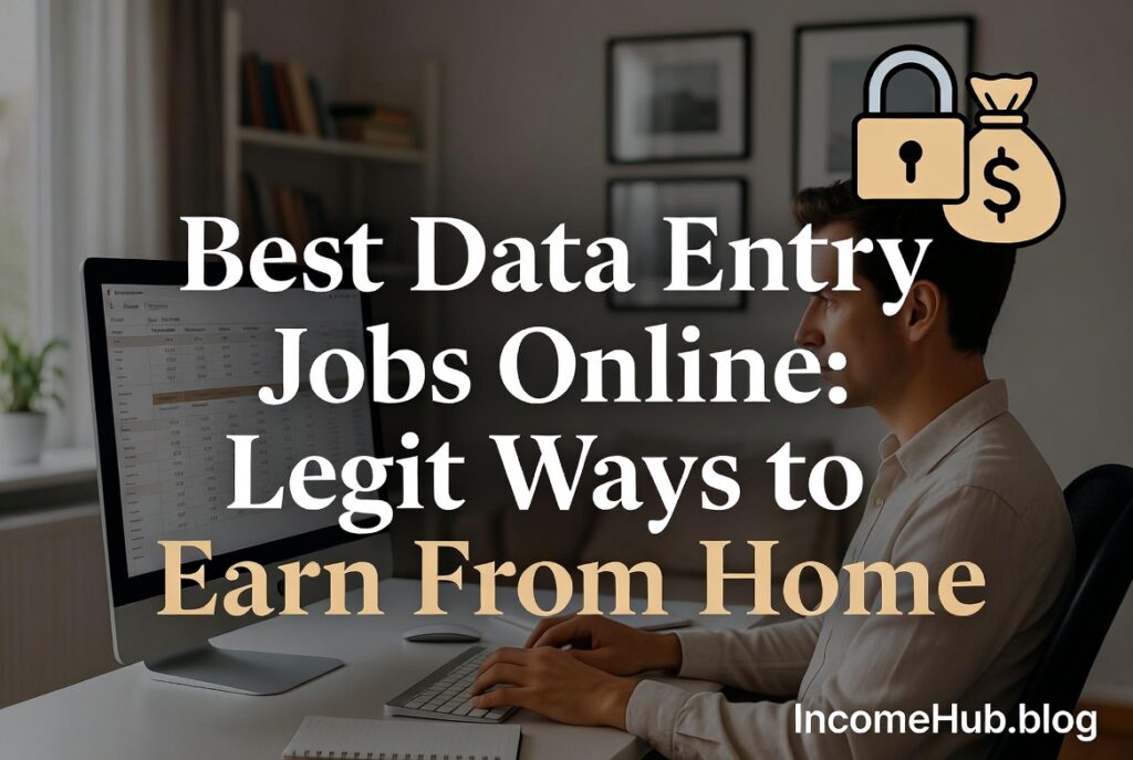 Focused data entry work at home office with spreadsheets and secure earnings, clear title and logo
