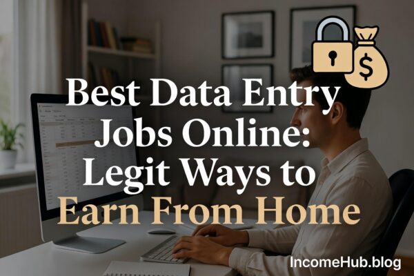 Focused data entry work at home office with spreadsheets and secure earnings, clear title and logo