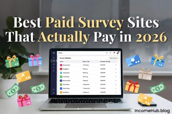 Professional hero image with laptop and survey rewards for IncomeHub.blog best paid survey sites guide