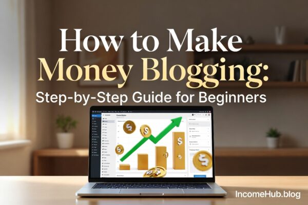 Professional hero image showing modern workspace with laptop and WordPress for IncomeHub.blog blogging guide