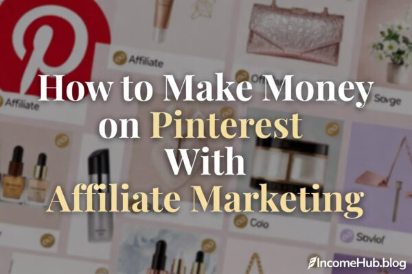 Elegant Pinterest moodboard with affiliate marketing elements, clear title overlay and IncomeHub.blog logo