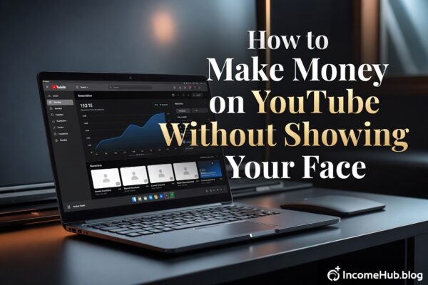 Modern laptop displaying faceless YouTube analytics and revenue with elegant title overlay and IncomeHub.blog logo