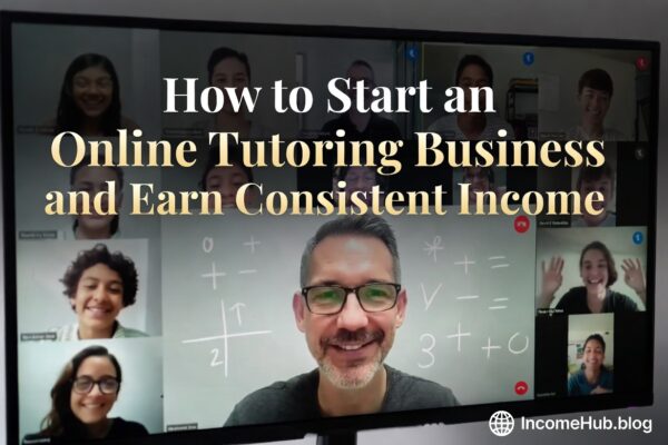 Professional online tutoring session on large monitor with students and whiteboard, elegant title overlay with IncomeHub.blog logo