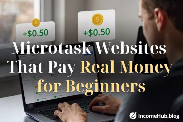 Person completing microtasks on laptop with reward notifications, clear title and IncomeHub.blog logo