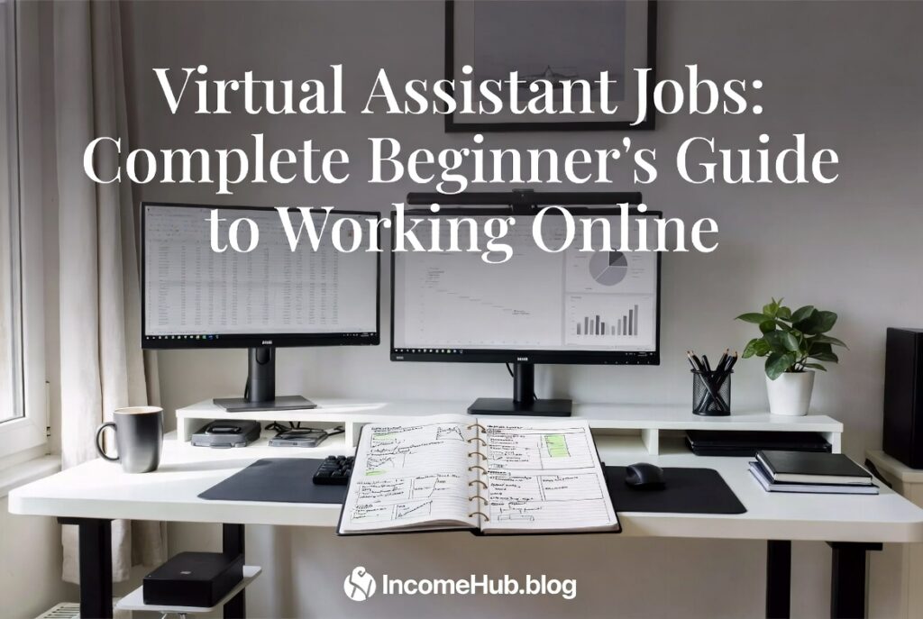 Clean organized home office workspace for virtual assistant with title overlay and IncomeHub.blog logo