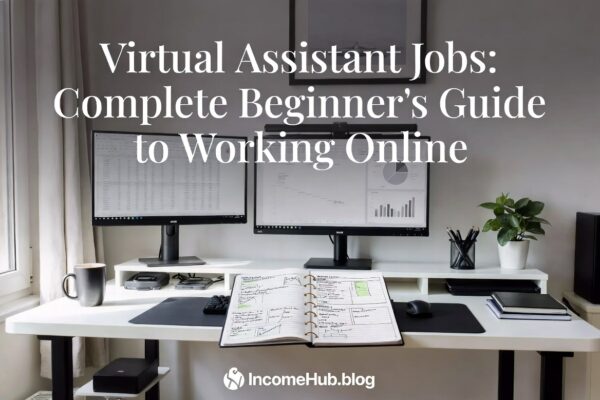 Clean organized home office workspace for virtual assistant with title overlay and IncomeHub.blog logo