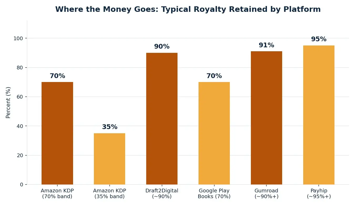 Bar chart comparing the percentage of the sale price an author keeps on Amazon KDP, Draft2Digital, Google Play Books, Gumroad, and Payhip