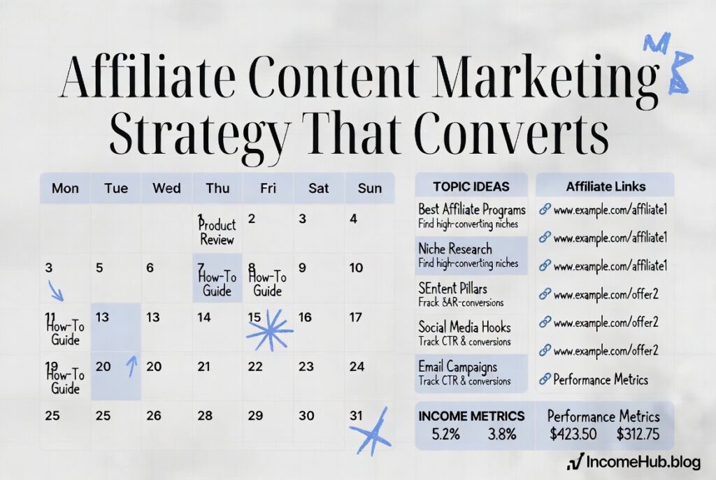 A practical affiliate content marketing strategy covering content types, topic clusters, buyer intent, and how to turn…